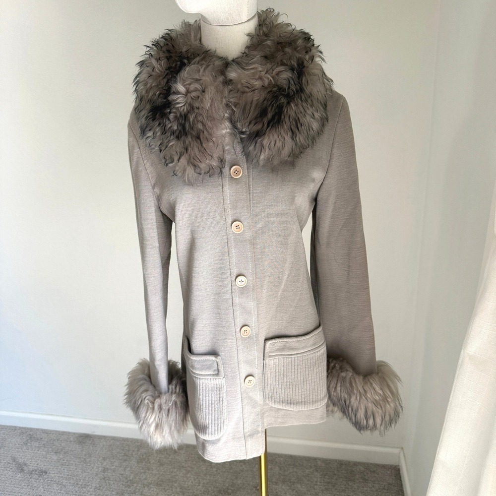 Vintage World Knits Grey Cardigan Jacket Faux Fur Collar Cuffs Penny Lane 60s